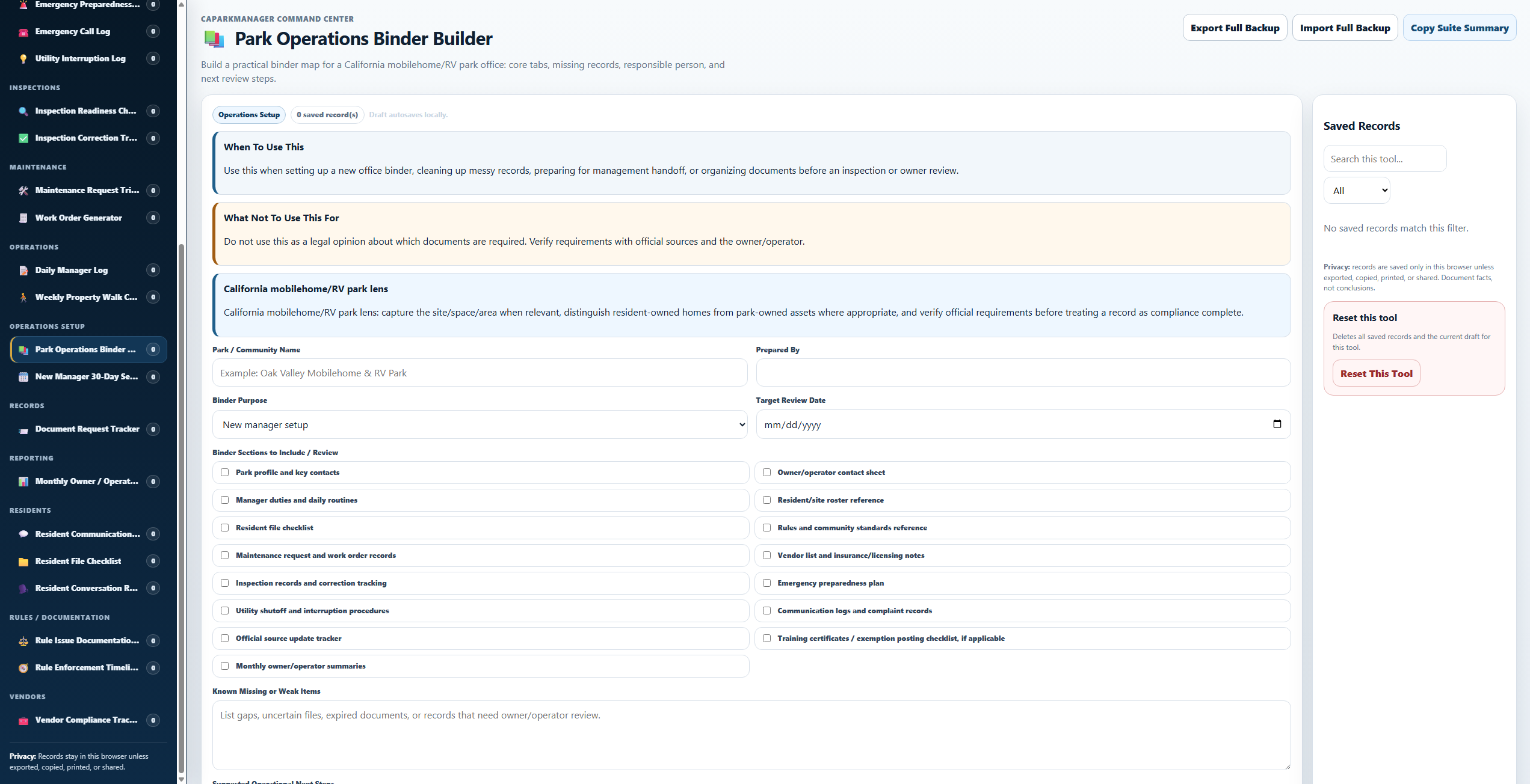 Park Operations Binder Builder