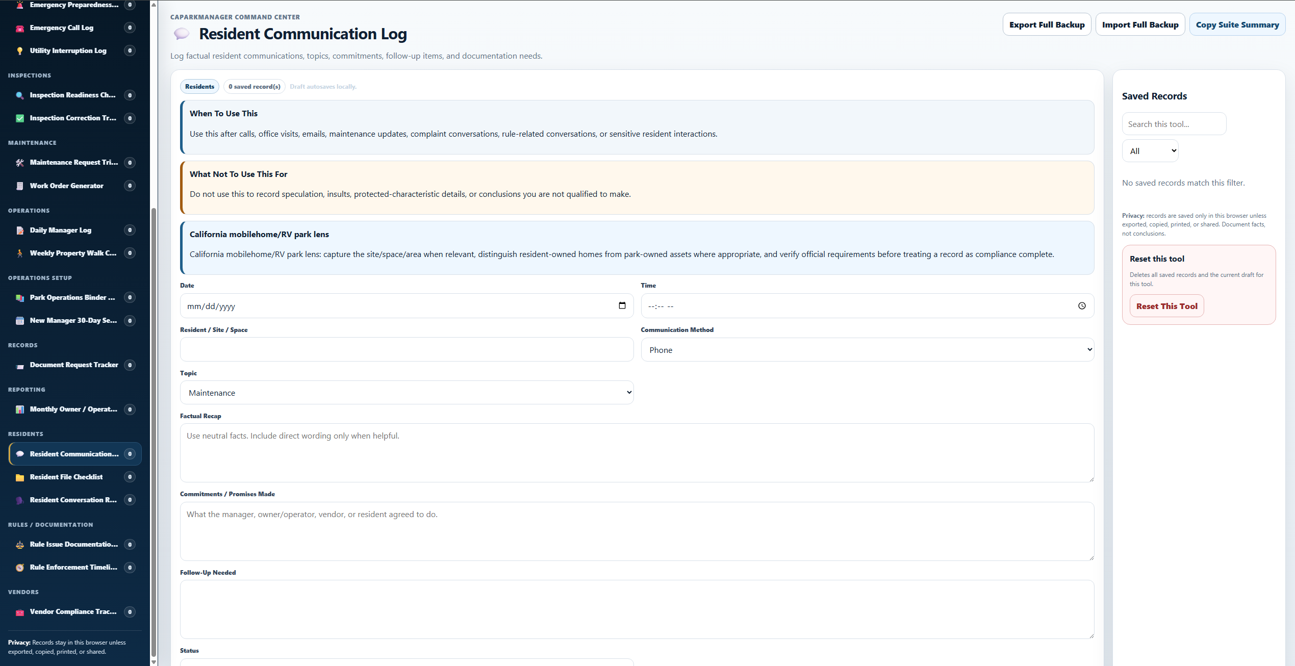 Resident Communication Log
