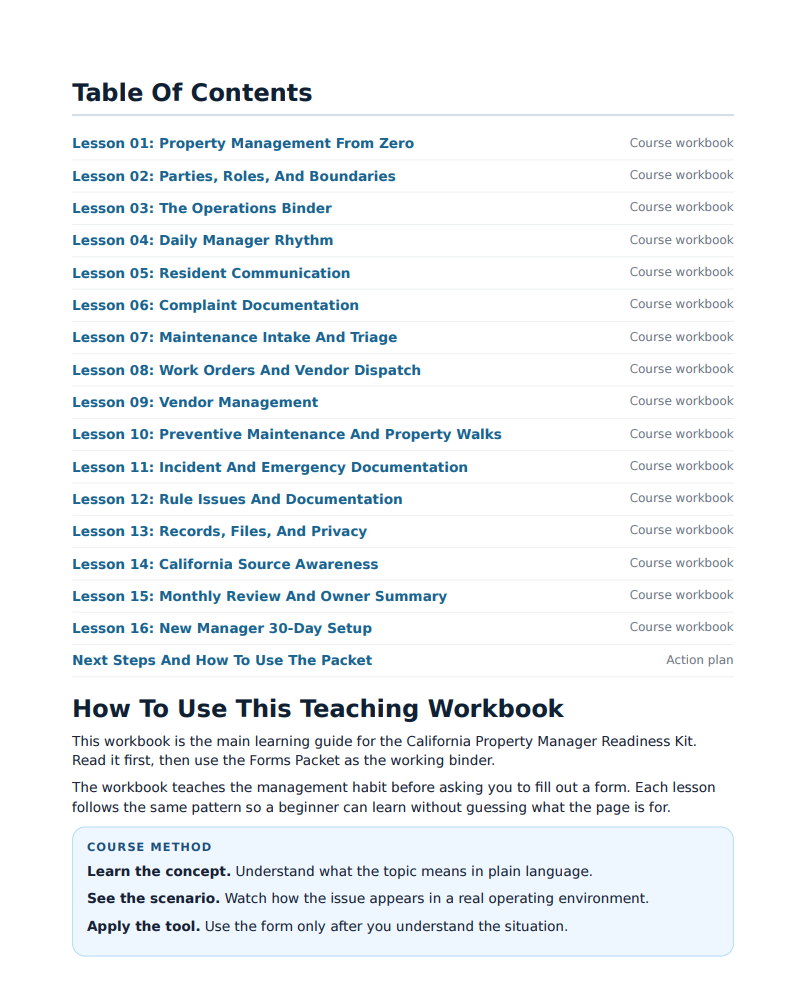 Workbook Table of Contents